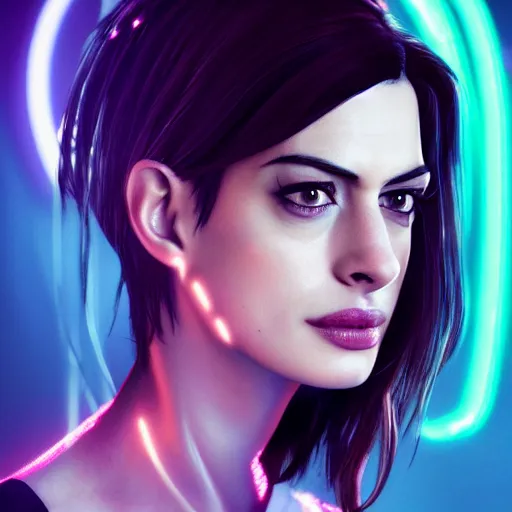 Prompt: anne hathaway portrait, cyberpunk 2 0 7 7, cyberpunk judy alvarez, photorealistic, ultra detailed, neon, octane, bokeh, cinematic lighting, cyber, cyberpunk city, studio quality, feature, scars, cyberface, 8 k