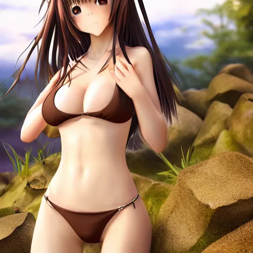 Image similar to real life photo of a beautiful anime girl in bikini, full body photoshoot, long brown hair, brown eyes, full round face, short smile, long sleeved belly free brown shirt, forest setting, cinematic lightning, medium shot, mid - shot, highly detailed, trending on artstation, unreal engine 4 k, 8 0 mm, 8 5 mm, cinematic wallpaper