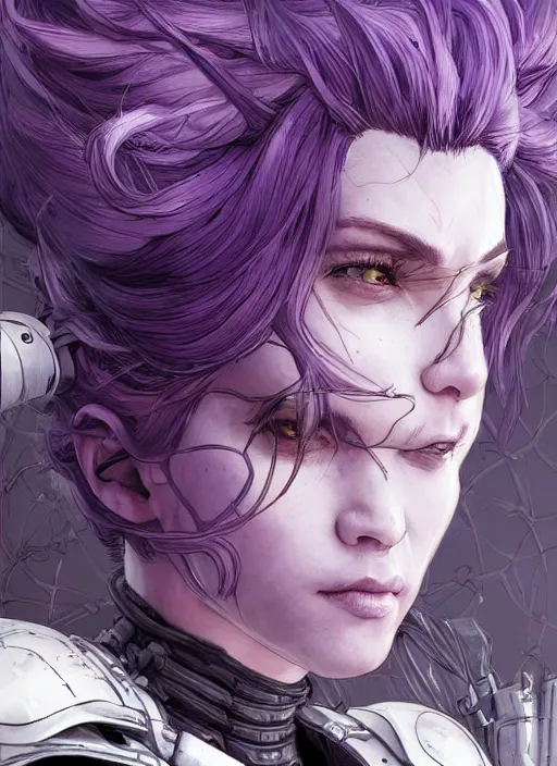 Image similar to close up portrait of a pale woman in power armor with intricate purple hair, powerful, domineering, stoic, masterful, intense, ultrafine hyperdetailed illustration by kim jung gi, irakli nadar, intricate linework, sharp focus, octopath traveler, yoji shinkawa, yoshitaka amano, concept art