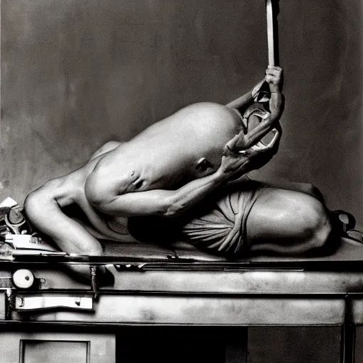 Prompt: alien laying on surgery table, wide angle, black and white photo by Joel Peter Witkin n- 9