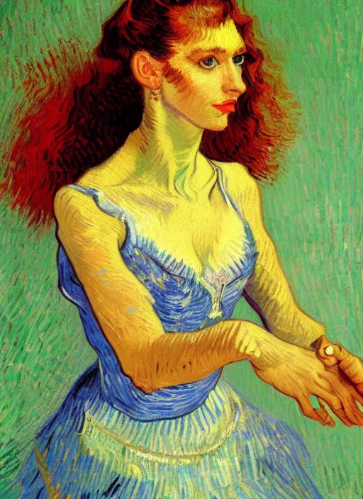 Image similar to !! portrait of a beautiful parisian dancer!!, detailed face, symmetrical painting, beautiful expressionist oil painting masterpiece, 8 k resolution, by van gogh, smooth, sharp focus, pastel color palette, trending on artstation