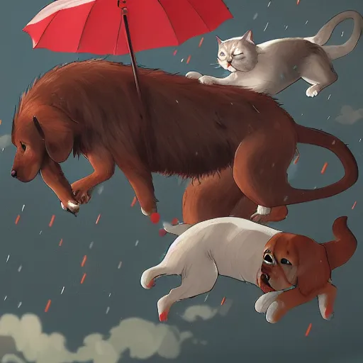 Image similar to giant cats and dogs are falling from the sky like rain, bystanders watching from the sides, 4 k, by miyazaki, monokubo, artstation,