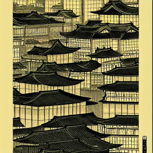 Image similar to a beautiful ink painting of buildings in japanese traditional style, in the style of hiroshi yoshida, at night, light effect, detailed, high - definition, exquisite isolated very detailed, moody lighting, 8 k highly detailed, trending on artstation