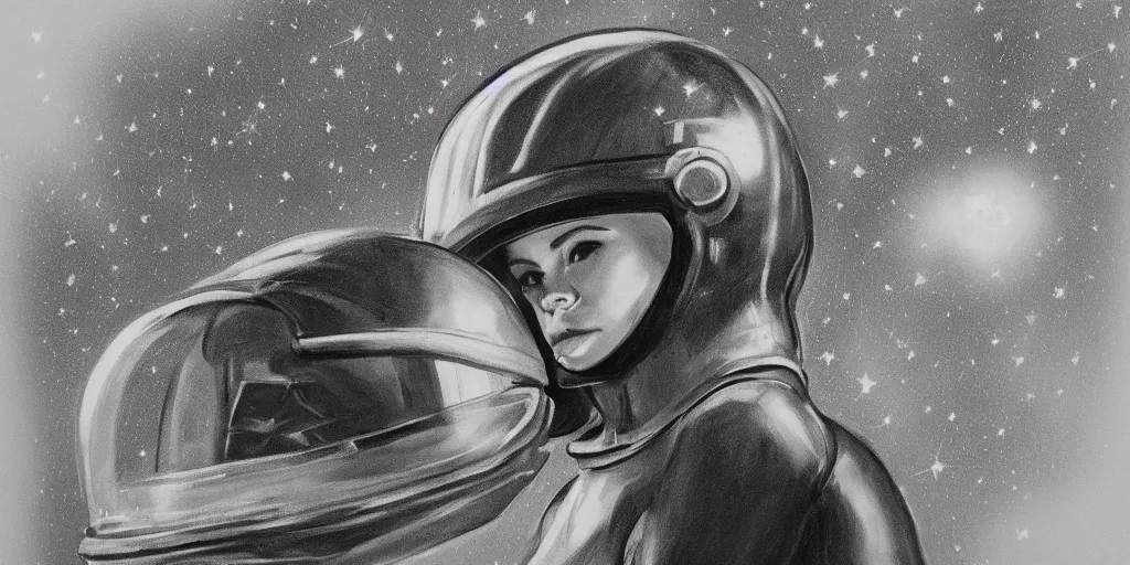 Image similar to charcoal portrait of a woman wearing a space helmet, scifi, big clouds visible in the background, stars in the sky, high contrast, deep black tones, charcoal smears