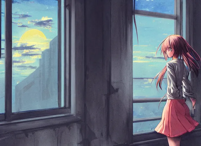 Image similar to anime girl in skirt looking out the window at megopolois and sunset, dynamic composition, motion, ultra-detailed, incredibly detailed, a lot of details, amazing fine details and brush strokes, colorful and grayish palette, smooth, HD semirealistic anime CG concept art digital painting, watercolor oil painting of Clean and detailed post-cyberpunk sci-fi close-up schoolgirl in asian city in style of cytus and deemo, blue flame, relaxing, calm and mysterious vibes,, by a Chinese artist at ArtStation, by Huang Guangjian, Fenghua Zhong, Ruan Jia, Xin Jin and Wei Chang. Realistic artwork of a Chinese videogame, gradients, gentle an harmonic grayish colors. set in half-life 2, Matrix, GITS, Blade Runner, Neotokyo Source, Syndicate(2012), dynamic composition, beautiful with eerie vibes, very inspirational, very stylish, with gradients, surrealistic, dystopia, postapocalyptic vibes, depth of field, mist, rich cinematic atmosphere, perfect digital art, mystical journey in strange world