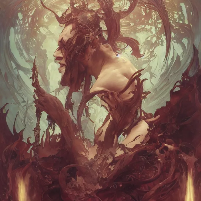 Prompt: portrait of a demon lord of the abyss, painted, 4k art by artgerm and greg rutkowski and alphonse mucha and craig mullins and James Jean and Andrei Riabovitchev and Marc Simonetti and peter mohrbacher, trending on artstation, octane render, dramatic lighting, masterpiece artwork, symmetrical face in painting