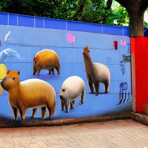 Image similar to digital street art a bunch of capybaras in the community pool