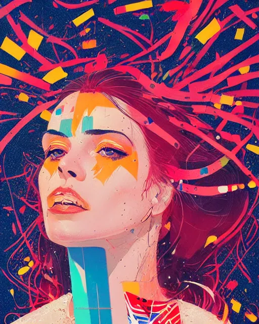 Image similar to an ultradetailed beautiful painting of a stylish woman with colorful band aids, concert poster, retro, conrad roset, greg rutkowski, flume cover art