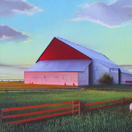 Image similar to exterior view of modern futuristic farm barn architecture, cows, pigs, chickens, detailed luminescent oil painting 4 k