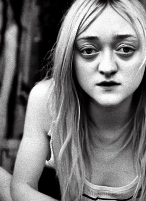 Prompt: aged film still taken of Dakota Fanning dressed in a Nirvana tank-top and blue short shorts while she thinks about her impending death amusingly. soft skin. smooth skin. soft feminine facial features. Pinterest filter. complex detail added after taking the film still at 16K resolution. amazingly epic visuals. epically luminous image. amazing lighting effect, image looks gorgeously crisp as far as it's visual fidelity goes, absolutely outstanding image. perfect film clarity. amazing film quality. iridescent image lighting. Criterion collection. gloriously cold atmosphere. mega-beautiful pencil image shadowing. beautiful face. 16k upscaled image. soft image shading. soft image texture. intensely beautiful image. large format picture. it's a great portrait of the highest quality. Great Pinterest photo. masterfully lit.