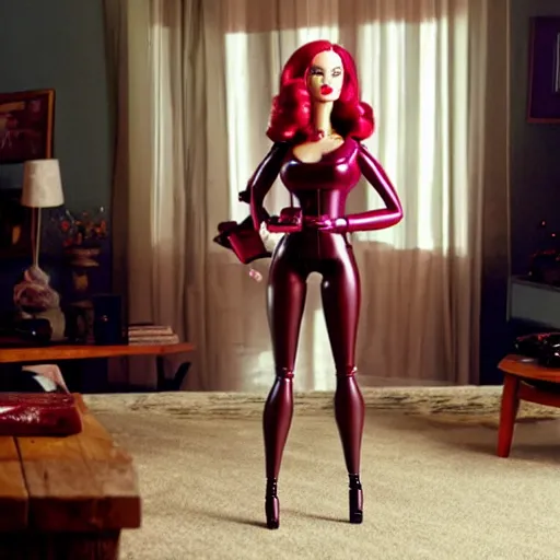 Image similar to amazing beautiful Christina Hendricks barbie doll wearing leather in the living room, film still from the movie directed by Denis Villeneuve , wide lens