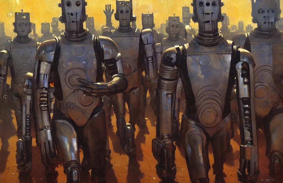 Image similar to march of the cybermen, detailed painting, epic lighting, by ilya repin, phil hale and kent williams