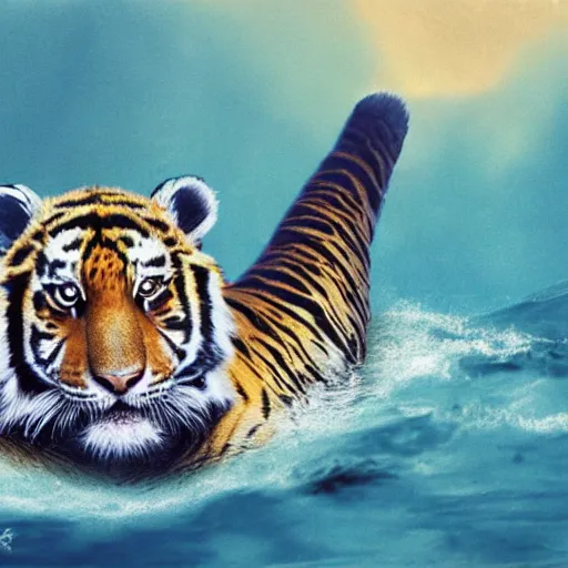 Image similar to a fuzzy dolphin with tiger stripes, matte fantasy painting,