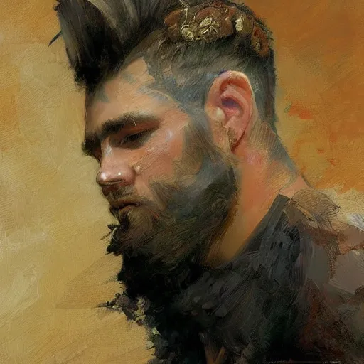 Image similar to a man with a mohawk haircut, painting by Gaston Bussiere, Craig Mullins