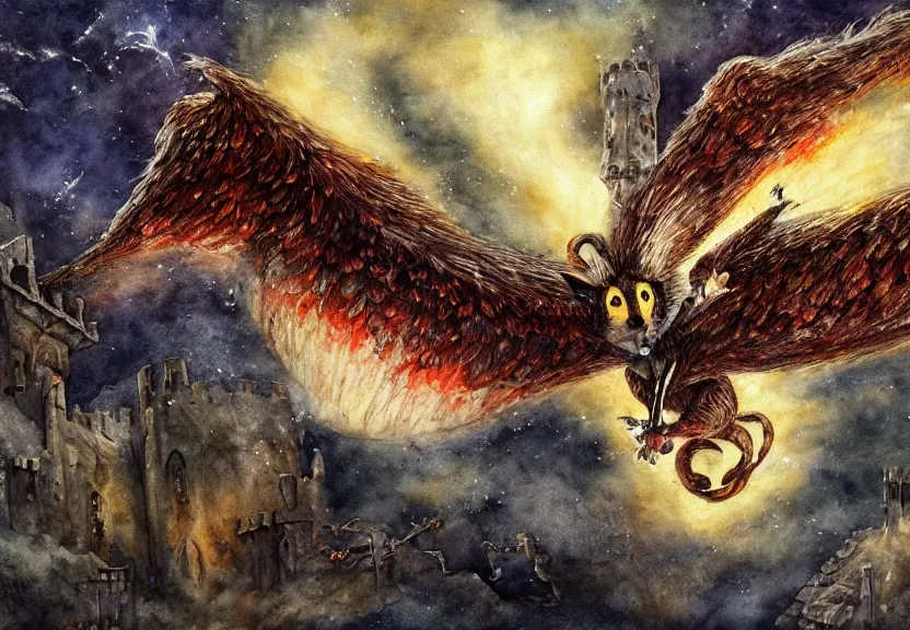 Image similar to the legendary fire winged possum is flying over a medieval castle under the dark starred sky, dark fantasy, watercolor, dreaming illusion, highly detailed, 4k, trending on Artstation, award-winning