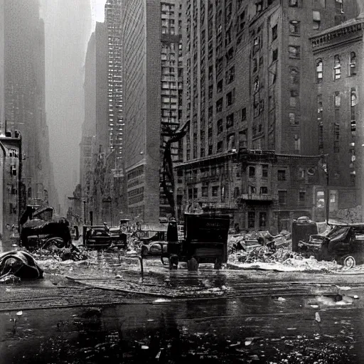 Prompt: an award winning photo of postapocalyptic new york, by helen levitt, ultra detailed, rainy, beautiful