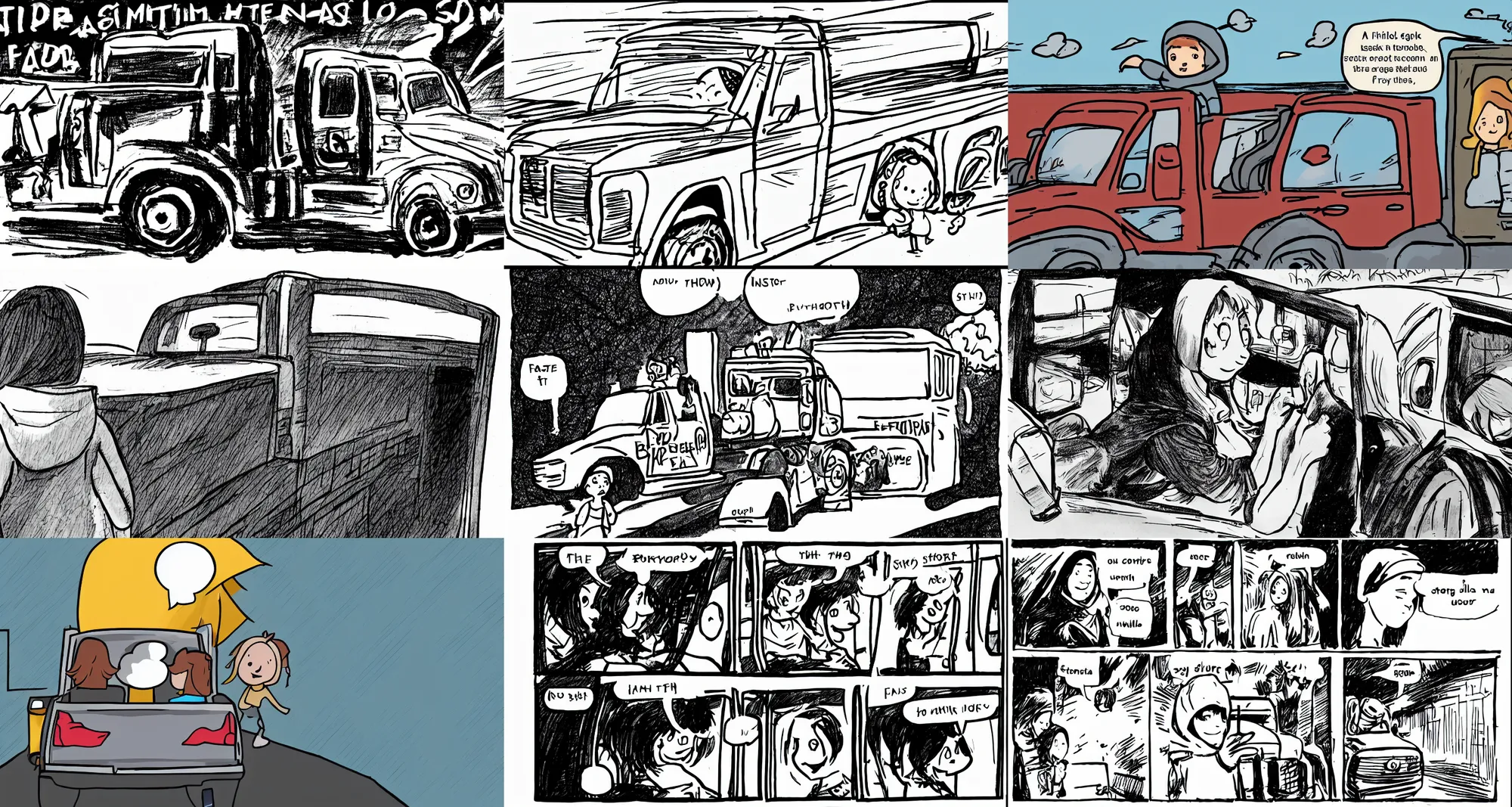 Prompt: simple storyboard panel: a girl in a hoodie holds onto the back of a fast-driving truck