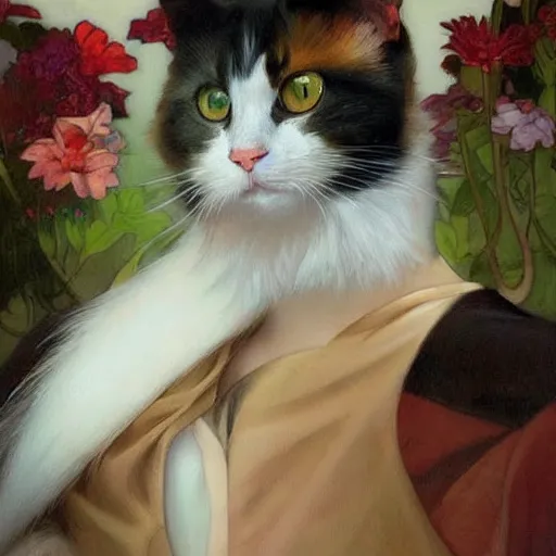 Image similar to painting of a calico cat!!!!!!, calico cat, animal, cat masterpiece, sakimichan!!!!!, Ross Tran, (((Alphonse Mucha)))