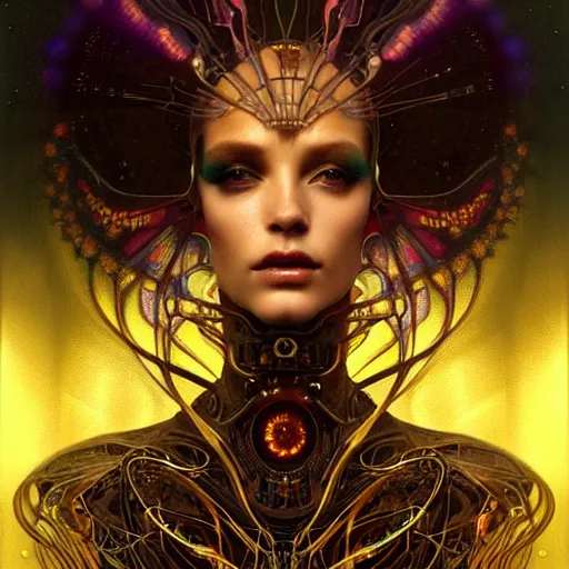 Image similar to extremely psychedelic beautiful cyborg viral queen infected by night. intricate, elegant, highly detailed, extremely lifelike photorealistic digital painting, artstation. steichen, gaston bussiere, tom bagshaw, brutalist cyberpunk alphonse mucha. elegant minimalism. anatomically correct. sharp focus. gold, black accents. surreal lush cosmic hallucination