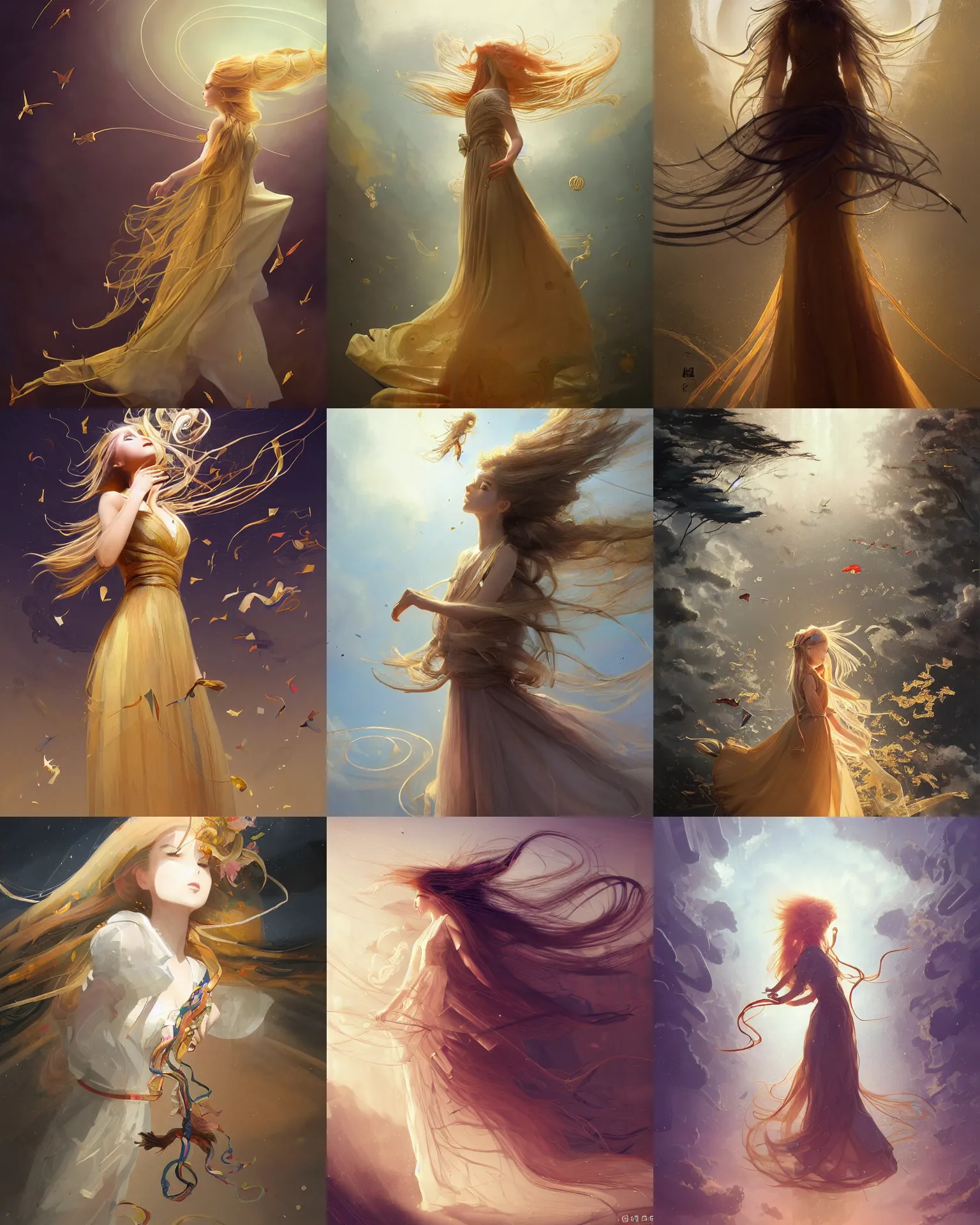 Prompt: museum curator of abstract work with long golden hair and a beautiful dress with ribbons, tornado, windy, gyroscopes floating, magnificent, medium shot, close up, details, sharp focus, elegant, highly detailed, illustration, by Jordan Grimmer and greg rutkowski and PiNe(パイネ) and 薯子Imoko and 香川悠作 and wlop and maya takamura, intricate, beautiful, Trending artstation, pixiv, digital Art