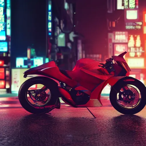 Prompt: uncropped photo of Akira bike :: ultra realistic render of Akira motorbike in the streets of Tokyo at night, octane render, cyberpunk, 8K, depth of field, bokeh, Akira moto, Akira red bike, ultra detailed, photorealistic