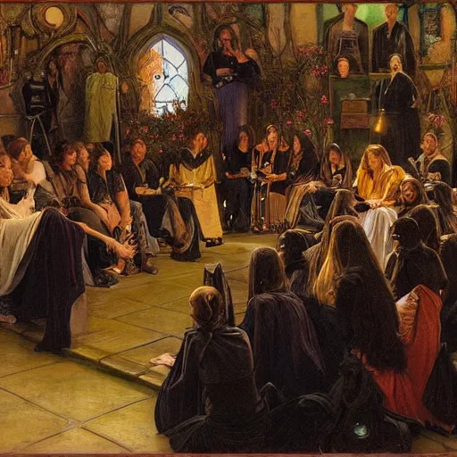 Image similar to witchcraft seminar at a university, by donato giancola and berthold woltze.