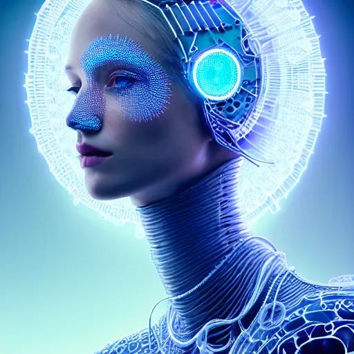 Prompt: portrait of an absurdly beautiful, graceful, sophisticated, fashionable cyberpunk mechanoid, hyperdetailed illustration by irakli nadar, matt wisniewski style, intricate linework, white porcelain skin, iridescent fractal headdress, day - glow facepaint, jellyfish ruff, unreal engine 5 highly rendered, global illumination, blue light, detailed and intricate environment