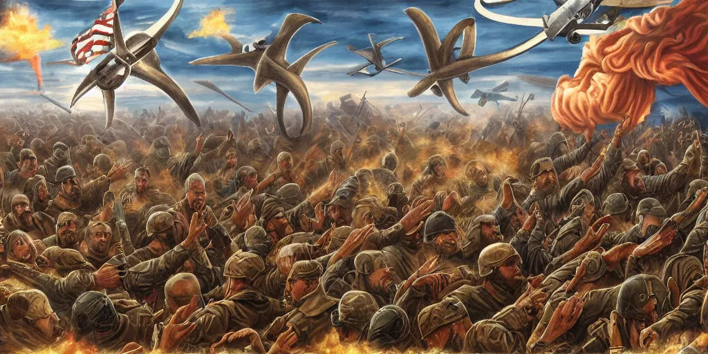 Prompt: !dream Jesus alongside the US air force, octopus, satanic, ritual, planes, battlefield, trending on art station, epic battle, intense battle, large scale battle, Jesus Christ, United States Air Force, infantry, 8k