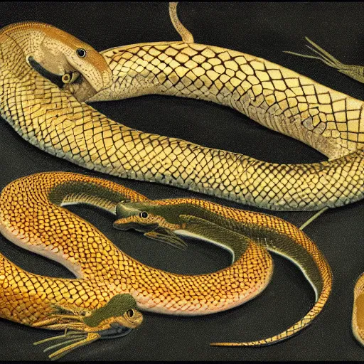 Prompt: Scientific illustration of several snakes