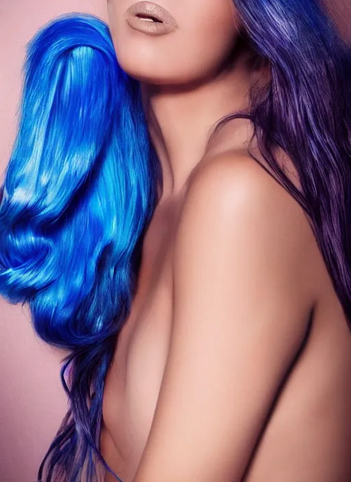 Image similar to hyper realistic fashion photography of a beautiful mermaid with blue hair, a beautiful blue tail