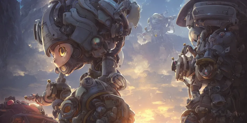 Image similar to humanoid robot mech from made in abyss by akihito tsukushi, backlight, centered rim lighting, deep focus, d & d, fantasy, intricate, elegant, highly detailed, digital painting, artstation, concept art, matte, sharp focus, illustration, hearthstone, art by artgerm and greg rutkowski and alphonse mucha