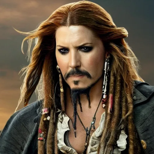 Image similar to still of Anna Kendrick as Captain Sparrow in Pirates of the Caribbean remake 2029