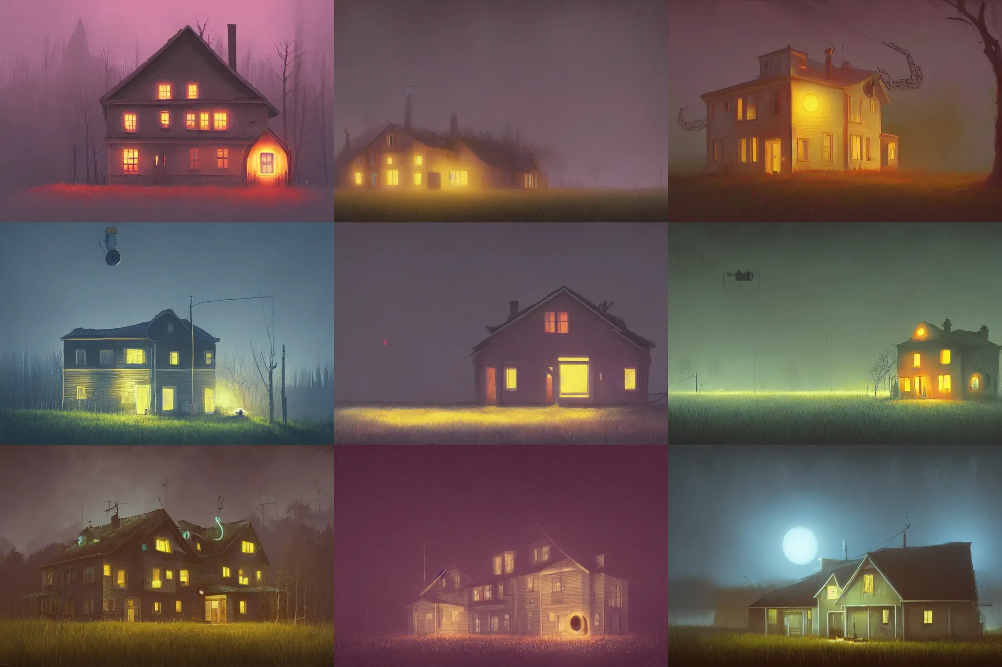 Prompt: House with eyes, night, backlight by Stalenhag, Simon