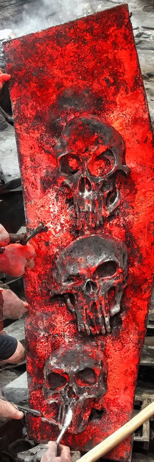 Image similar to molten red hot metal being poured into a mold in the shape of a punisher skull emblem. background is firey foundry. detailed, high art, intricate, artisan