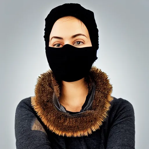 Prompt: Frontal portrait of a woman. All black clothing. Sweater, bandana, gaiter mask, heavy eye shadow and spiky hair. Norman Rockwell painting.