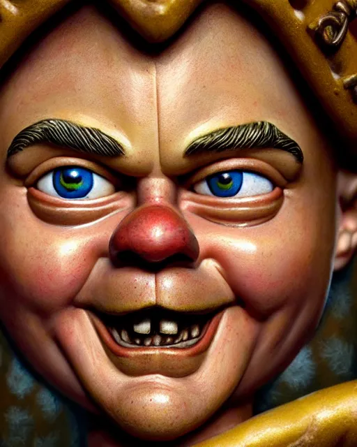 Image similar to highly detailed closeup, face profile portrait of a tin toy leonardo dicaprio as a medieval goblin eating cakes in a castle, hyper realistic, artstation, illustration, nicoletta ceccoli, mark ryden, lostfish, dan decarlo, bob clampett, max fleischer, digital paint, matte paint, vivid colors, detailed and intricate environment