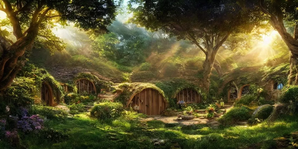 Image similar to ambience, atmosphere, sunbeams, lush and beautiful concept art for the shire and hobbit houses, lord of the rings, peter jackson, studio ghibli, detailed, realistic lighting, volumetric lighting, golden hour,