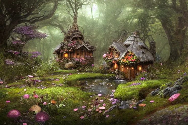 Image similar to wide angle view, a beautiful digital painting of a fairy house by a stream made of rocks and mushrooms, flowers, beautiful tranquil day, by greg rutkowski, brian froud, marc simonetti, jean - baptiste monge, and alphonse mucha, symmetry, complementary colors, ink illustration, trending on artstation