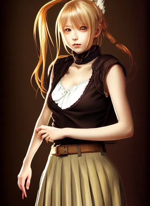 Image similar to portrait of a full body of beautiful young female detective, d & d, sleeveless turtleneck, pleated skirt, fantasy, flat lighting, intricate, highly detailed, digital painting, artstation, concept art, smooth, sharp focus, illustration, misa amane, art by simon bisley and greg rutkowski and alphonse mucha, natural tpose