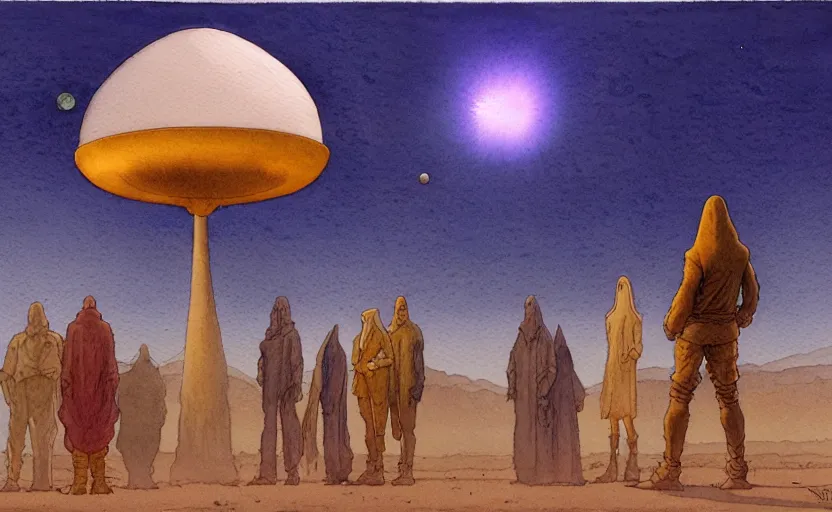 Image similar to a hyperrealist watercolour character concept art portrait of a 1 0 ft. tall thin alien with a high forehead on a misty night in the desert. a small group of people are watching from the foreground. a ufo is in the background. by rebecca guay, michael kaluta, charles vess and jean moebius giraud