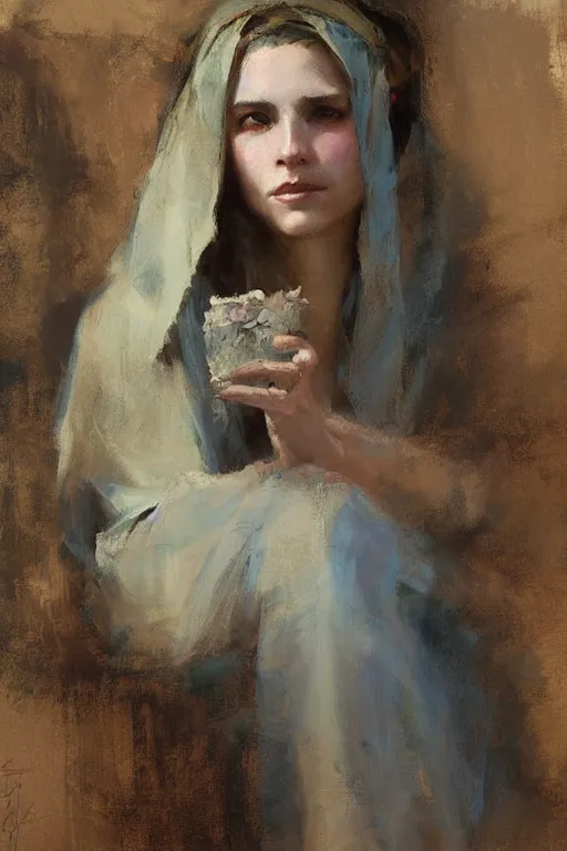 Image similar to Richard Schmid and Jeremy Lipking and Brom full length portrait painting of a young beautiful priestess woman