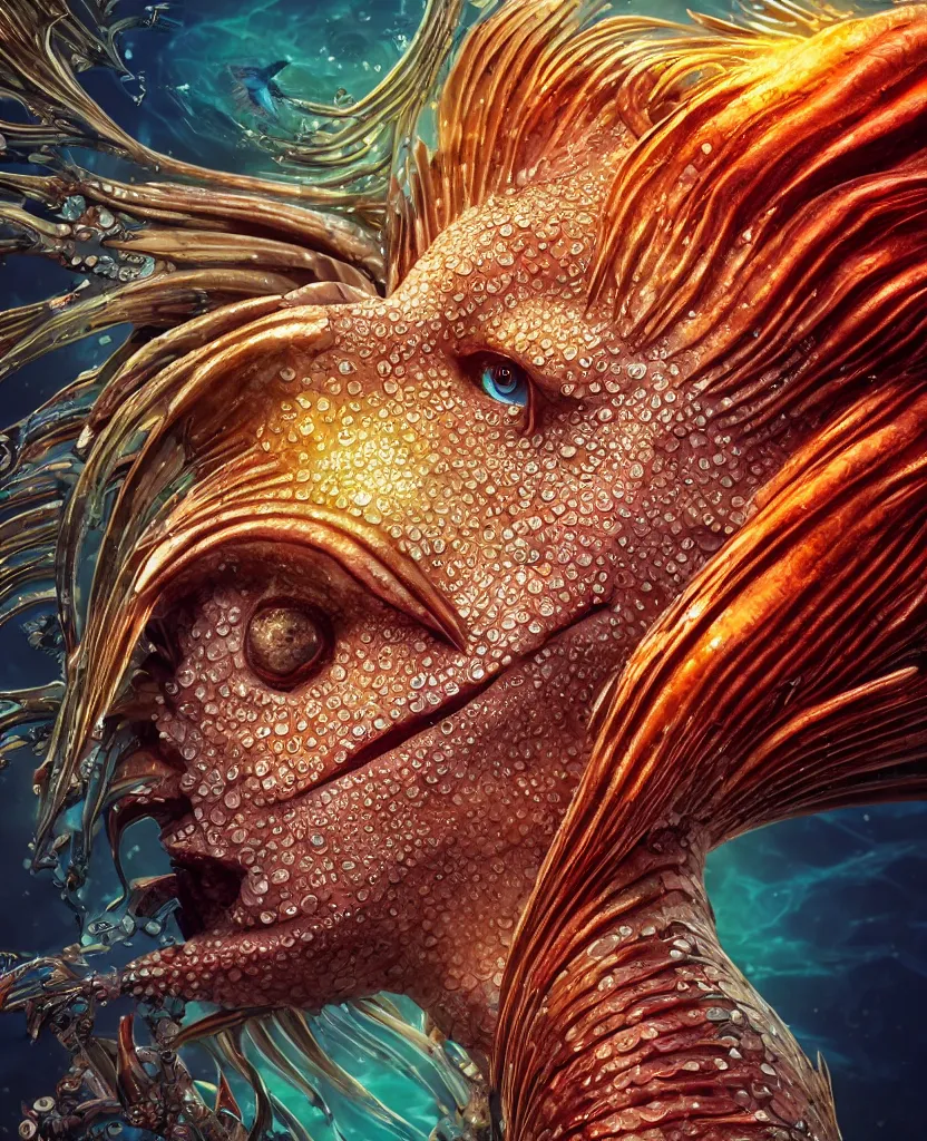 Prompt: close-up macro portrait of the face of a beautiful mermaid, epic angle and pose, symmetrical artwork, 3d with depth of field, blurred background, cybernetic lionfish female face skull phoenix bird, translucent, nautilus, energy flows of water and fire. a highly detailed epic cinematic concept art CG render. made in Maya, Blender and Photoshop, octane render, excellent composition, cinematic dystopian brutalist atmosphere, dynamic dramatic cinematic lighting, aesthetic, very inspirational, arthouse. y Greg Rutkowski, Ilya Kuvshinov, WLOP, Stanley Artgerm Lau, Ruan Jia and Fenghua Zhong