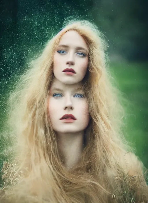 Image similar to cinestill 5 0 d photo of a pre - raphaelite blond beautiful woman, dreamy mood, fine art photography in style of gilles zimmermann, 1 5 0 mm, f 1. 2, emotionally evoking, head in focus, stormy rainy clouds outdoor, matt colour background, volumetric lighting, hyper realistic, ultra detailed