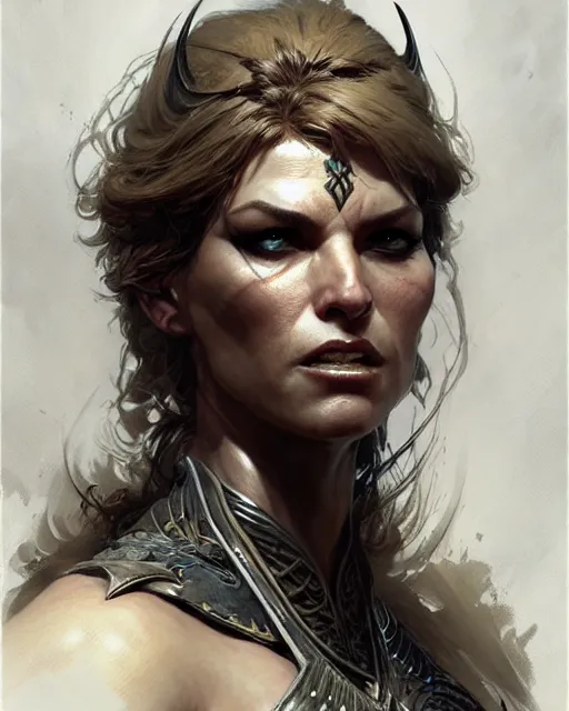 Image similar to fierce woman, fantasy character portrait, ultra realistic, concept art, intricate details, highly detailed, wide angle, by andrew robinson, gaston bussiere, craig mullins, simon bisley