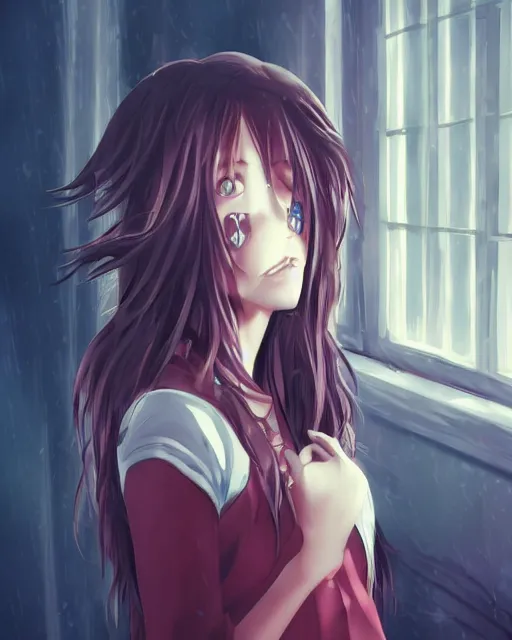 Prompt: a portrait of a teenage girl on a haunted ship, full shot, very anime, digital art, captures emotion and movement, ambient lighting, perfect composition, dynamic lighting, detailed face, very extremely detailed blue eyes, smooth shading