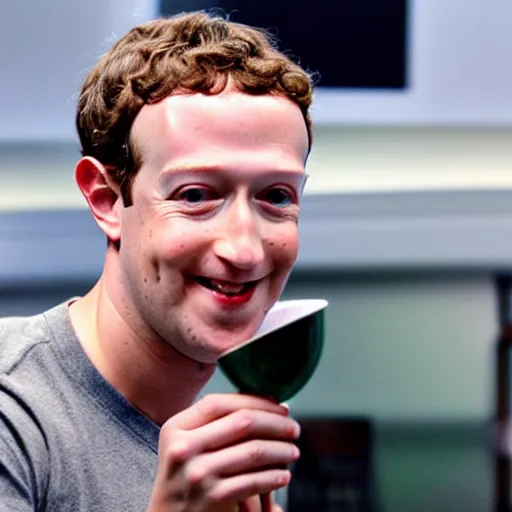 Prompt: mark zuckerberg holding a coaster up to the camera