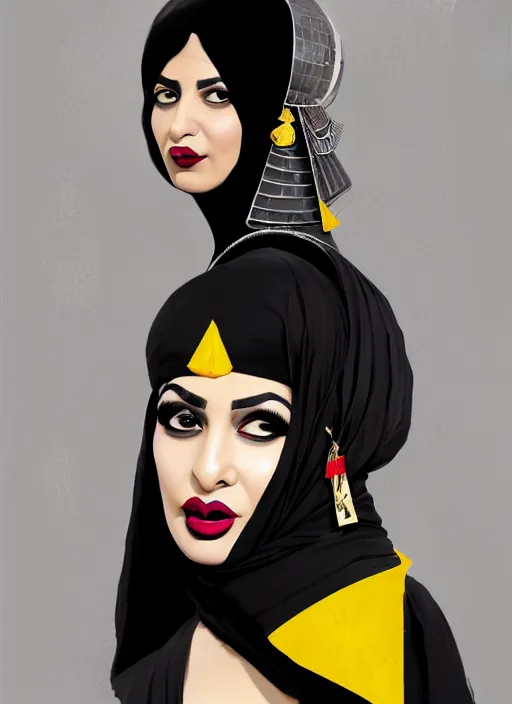 Image similar to portrait of a plump egyptian woman with a crooked nose and a confident expression, 1 9 6 0 s, black clothes, goth, punk, brightly coloured hair, funk, intricate, elegant, highly detailed, digital painting, artstation, concept art, smooth, sharp focus, illustration, art by wlop, mars ravelo and greg rutkowski