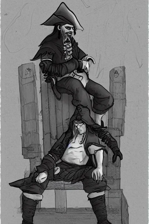 Image similar to aesthetic full body digital illustration of a sad pirate hanging his head and sitting on a prison cot in the style of arcane : 1 | centered, concept art, deviantart : 0. 9