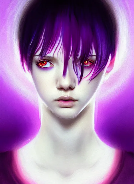 Image similar to hair whitebangs hair, black hair, whitebangs, portrait of teenage girl with white bangs, red irises, purple clothes, white bangs, bangs are different color from hair, intricate, elegant, glowing lights, highly detailed, digital painting, artstation, concept art, smooth, sharp focus, illustration, art by wlop, mars ravelo and greg rutkowski