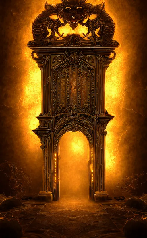 Image similar to a ornamental gate into space a demon emerges from it, ornament, intarsia, portal, doorway, dynamic lighting, ambient lighting, atmospherical, photorealistic fantasy concept art, trending on art station, stunning visuals, creative, cinematic, ultra detailed